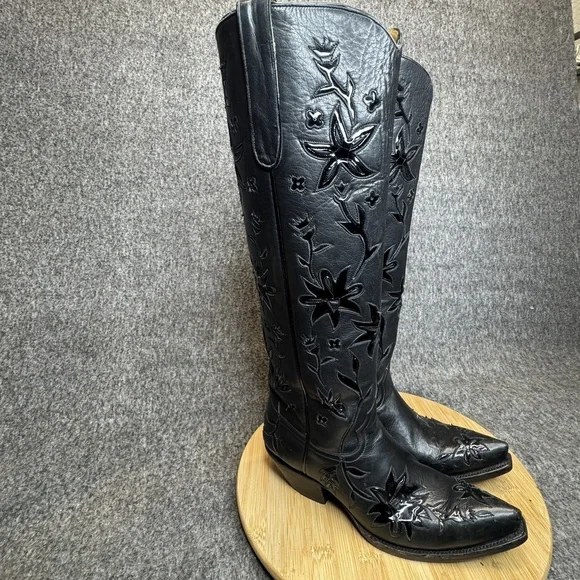 Liberty Boot Co Black Leather Cowboy Boots Sz 7B Tall Floral Cutout Western - Picture 9 of 15